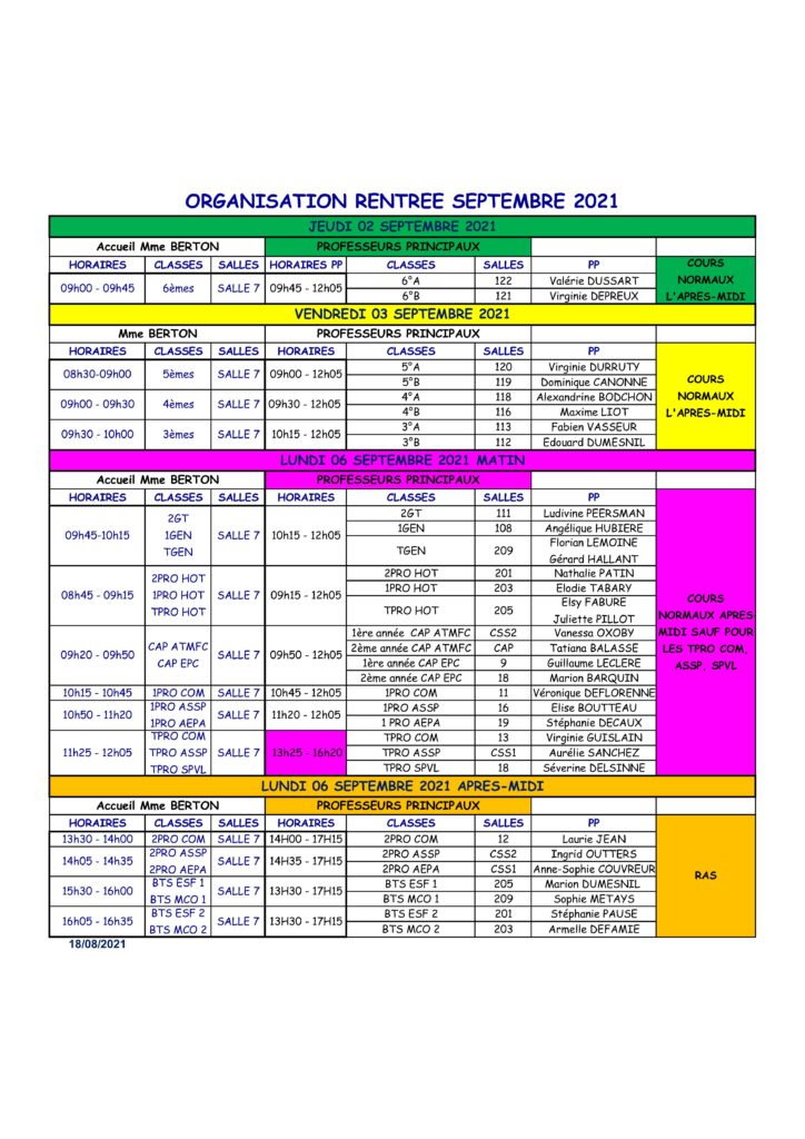 ORGANISATION RENTREE SEPTEMBRE 2021