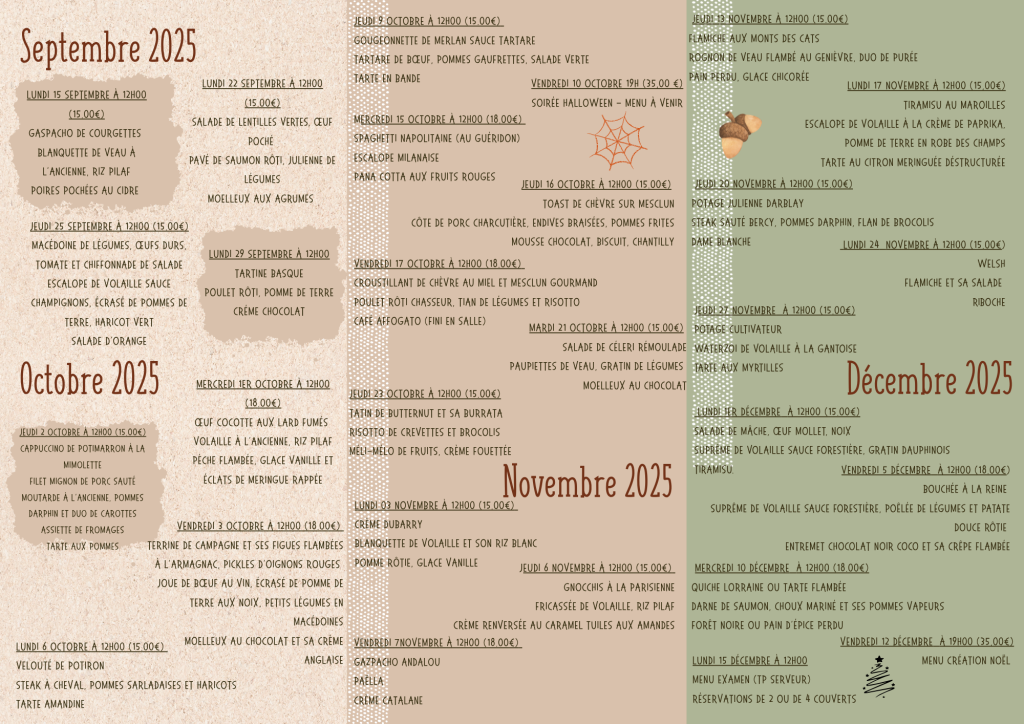 menus 2025 du restaurant d’application La Tablée de l’ISP